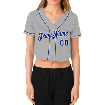 Custom Women's Gray Royal-White V-Neck Cropped Baseball Jersey