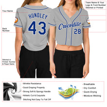 Laden Sie das Bild in den Galerie-Viewer, Custom Women&#39;s Gray Royal-White V-Neck Cropped Baseball Jersey
