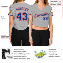Load image into Gallery viewer, Custom Women&#39;s Gray Royal White-Red V-Neck Cropped Baseball Jersey
