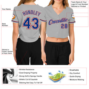 Custom Women's Gray Royal White-Red V-Neck Cropped Baseball Jersey