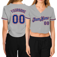 Load image into Gallery viewer, Custom Women&#39;s Gray Royal White-Red V-Neck Cropped Baseball Jersey
