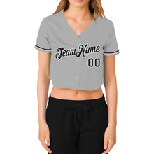 Load image into Gallery viewer, Custom Women&#39;s Gray Black-White V-Neck Cropped Baseball Jersey
