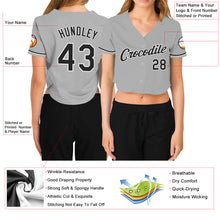 Laden Sie das Bild in den Galerie-Viewer, Custom Women&#39;s Gray Black-White V-Neck Cropped Baseball Jersey
