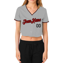 Laden Sie das Bild in den Galerie-Viewer, Custom Women&#39;s Gray Red-Black V-Neck Cropped Baseball Jersey
