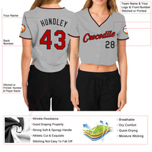 Laden Sie das Bild in den Galerie-Viewer, Custom Women&#39;s Gray Red-Black V-Neck Cropped Baseball Jersey
