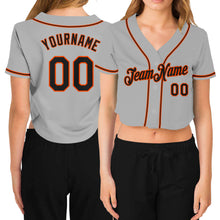 Laden Sie das Bild in den Galerie-Viewer, Custom Women&#39;s Gray Black-Orange V-Neck Cropped Baseball Jersey

