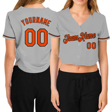 Laden Sie das Bild in den Galerie-Viewer, Custom Women&#39;s Gray Orange-Black V-Neck Cropped Baseball Jersey
