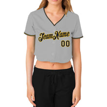 Laden Sie das Bild in den Galerie-Viewer, Custom Women&#39;s Gray Navy-Gold V-Neck Cropped Baseball Jersey
