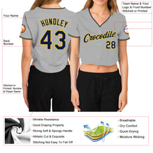 Laden Sie das Bild in den Galerie-Viewer, Custom Women&#39;s Gray Navy-Gold V-Neck Cropped Baseball Jersey
