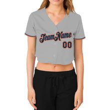 Laden Sie das Bild in den Galerie-Viewer, Custom Women&#39;s Gray Black Powder Blue-Orange V-Neck Cropped Baseball Jersey
