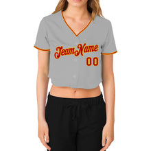 Laden Sie das Bild in den Galerie-Viewer, Custom Women&#39;s Gray Red-Gold V-Neck Cropped Baseball Jersey
