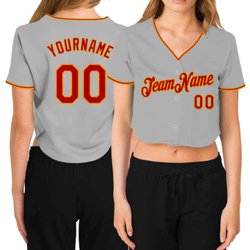 Custom Women's Gray Red-Gold V-Neck Cropped Baseball Jersey