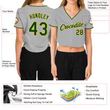 Laden Sie das Bild in den Galerie-Viewer, Custom Women&#39;s Gray Green-Gold V-Neck Cropped Baseball Jersey
