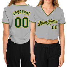 Laden Sie das Bild in den Galerie-Viewer, Custom Women&#39;s Gray Green-Gold V-Neck Cropped Baseball Jersey
