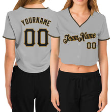 Laden Sie das Bild in den Galerie-Viewer, Custom Women&#39;s Gray Black-Old Gold V-Neck Cropped Baseball Jersey

