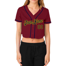 Laden Sie das Bild in den Galerie-Viewer, Custom Women&#39;s Crimson Navy-Gold V-Neck Cropped Baseball Jersey
