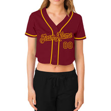 Laden Sie das Bild in den Galerie-Viewer, Custom Women&#39;s Crimson Crimson-Gold V-Neck Cropped Baseball Jersey
