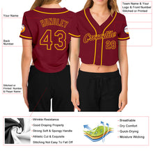 Laden Sie das Bild in den Galerie-Viewer, Custom Women&#39;s Crimson Crimson-Gold V-Neck Cropped Baseball Jersey
