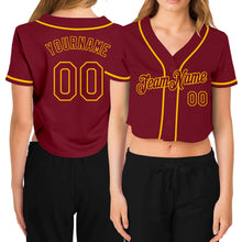 Laden Sie das Bild in den Galerie-Viewer, Custom Women&#39;s Crimson Crimson-Gold V-Neck Cropped Baseball Jersey
