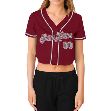 Custom Women's Crimson Gray-White V-Neck Cropped Baseball Jersey