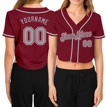 Custom Women's Crimson Gray-White V-Neck Cropped Baseball Jersey