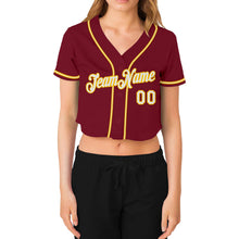 Laden Sie das Bild in den Galerie-Viewer, Custom Women&#39;s Crimson White-Gold V-Neck Cropped Baseball Jersey
