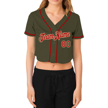 Custom Women's Olive Red-Cream Salute To Service V-Neck Cropped Baseball Jersey