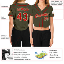 Laden Sie das Bild in den Galerie-Viewer, Custom Women&#39;s Olive Red-Cream Salute To Service V-Neck Cropped Baseball Jersey
