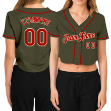 Laden Sie das Bild in den Galerie-Viewer, Custom Women&#39;s Olive Red-Cream Salute To Service V-Neck Cropped Baseball Jersey
