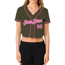 Load image into Gallery viewer, Custom Women&#39;s Olive Pink-White Salute To Service V-Neck Cropped Baseball Jersey
