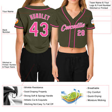 Load image into Gallery viewer, Custom Women&#39;s Olive Pink-White Salute To Service V-Neck Cropped Baseball Jersey
