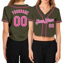 Laden Sie das Bild in den Galerie-Viewer, Custom Women&#39;s Olive Pink-White Salute To Service V-Neck Cropped Baseball Jersey
