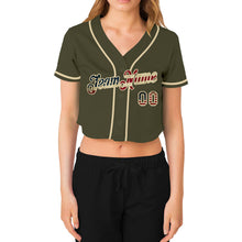 Laden Sie das Bild in den Galerie-Viewer, Custom Women&#39;s Olive Vintage USA Flag-Cream Salute To Service V-Neck Cropped Baseball Jersey
