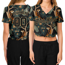 Load image into Gallery viewer, Custom Women&#39;s Black Black-Old Gold Tiger And Peacock 3D V-Neck Cropped Baseball Jersey
