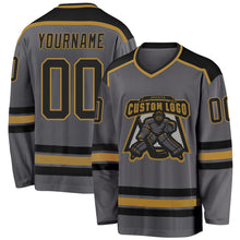 Load image into Gallery viewer, Custom Steel Gray Black-Old Gold Hockey Jersey
