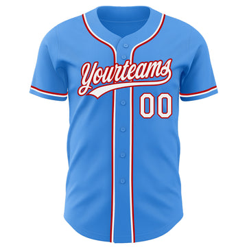 Custom Electric Blue White-Red Authentic Baseball Jersey