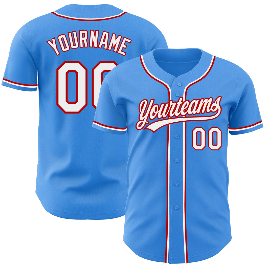 Custom Electric Blue White-Red Authentic Baseball Jersey