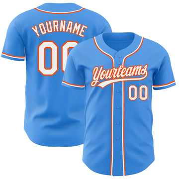 Custom Electric Blue White-Orange Authentic Baseball Jersey