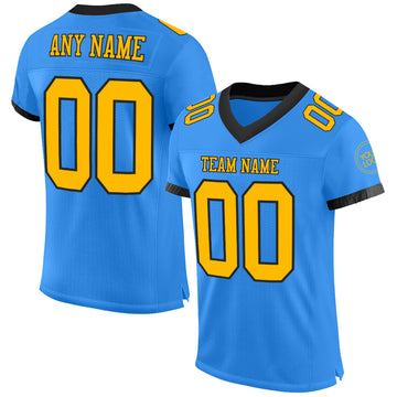 Custom Electric Blue Gold-Black Mesh Authentic Football Jersey