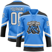 Load image into Gallery viewer, Custom Electric Blue White-Black Hockey Lace Neck Jersey
