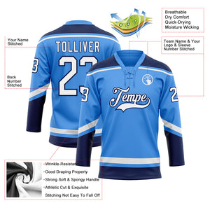 Custom Electric Blue White-Navy Hockey Lace Neck Jersey