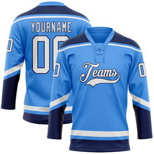 Load image into Gallery viewer, Custom Electric Blue White-Navy Hockey Lace Neck Jersey
