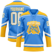 Load image into Gallery viewer, Custom Electric Blue White-Gold Hockey Lace Neck Jersey
