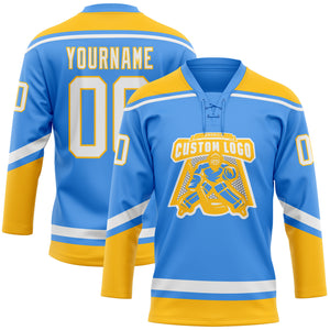 Custom Electric Blue White-Gold Hockey Lace Neck Jersey