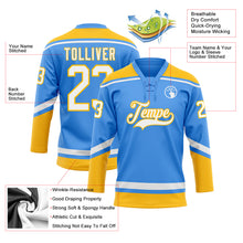 Laden Sie das Bild in den Galerie-Viewer, Custom Electric Blue White-Gold Hockey Lace Neck Jersey
