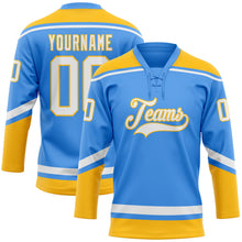 Load image into Gallery viewer, Custom Electric Blue White-Gold Hockey Lace Neck Jersey
