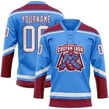 Laden Sie das Bild in den Galerie-Viewer, Custom Electric Blue White-Maroon Hockey Lace Neck Jersey
