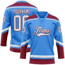 Load image into Gallery viewer, Custom Electric Blue White-Maroon Hockey Lace Neck Jersey

