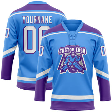 Custom Electric Blue White-Purple Hockey Lace Neck Jersey