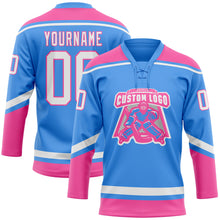 Laden Sie das Bild in den Galerie-Viewer, Custom Electric Blue White-Pink Hockey Lace Neck Jersey
